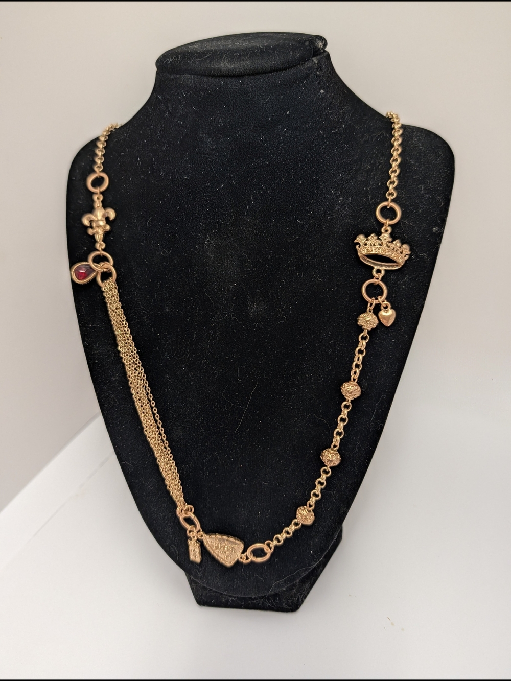 Cookie Lee Gold-Tone Crown & Charm Station Necklace with Red Accent